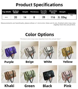 Detailed size specifications for the quilted PU chain bag with rivet design and lock