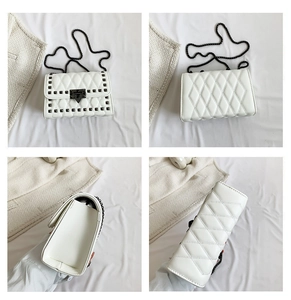 Detailed four-angle view of white quilted crossbody bag with black rivets and chain