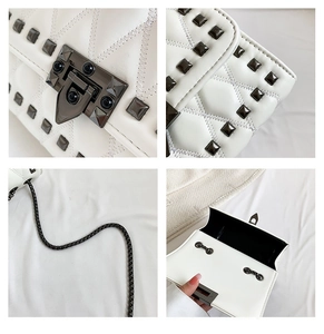Detailed shots of white quilted chain bag with dark grey rivets and metallic buckle