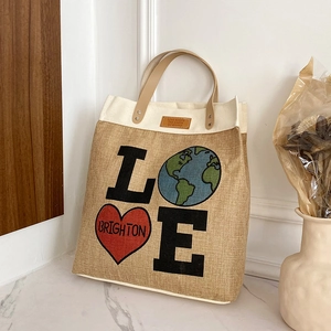 Love Brighton Print Tote Bag Jute Canvas Splicing Large Capacity Lightweight Handbag Casual Street Fashion For Women