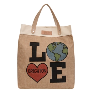 Chic canvas jute tote bag with brown leather handles and colorful LOVE earth print