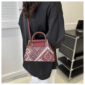 Ethnic style crossbody bag with geometric embroidery and wooden top handle for women