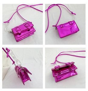 Detailed views of mini metallic purple crossbody bag with acrylic chain and buckle straps