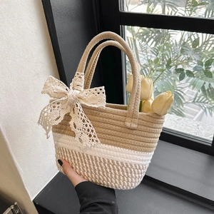 Borsa a Secchiello Intrecciata a Quadretti da Donna Fatta a Mano in Corda di Cotone Con Fiocco in Pizzo Grande Capacità Stile Pastorale