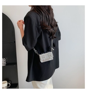 Modern metallic silver mini crossbody bag with chain strap shown on model from behind