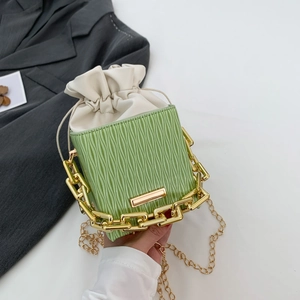 Women Mini Square Bucket Bag PU Leather Ripple Texture Drawstring Closure Chunky Gold Chain Crossbody Shoulder Bag Fashion