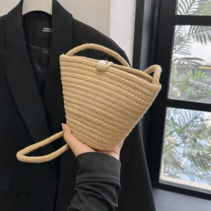 Borsa A Secchiello Intrecciata Paglia Perla Artificial Pizzo Fiocco Spalla Tracolla Vacanze Estive Stile Coreano Dolce Per Donne