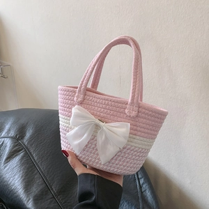 Women's Casual Woven Cotton Rope Bucket Bag Sweet Satin Bow Daisy Flower Striped Shoulder Bag Vacation Beach Tote Handbag