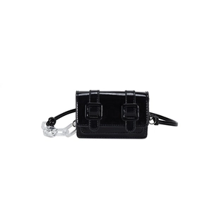 Mini black glossy square crossbody bag with stylish clear chain and shoulder strap