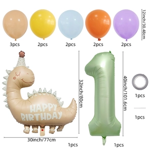 Caramel dinosaur themed first birthday balloon set with green number one and colorful latex balloons