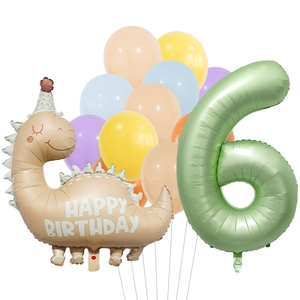 Caramel dinosaur balloon set with number 6 and pastel latex balloons for birthday party