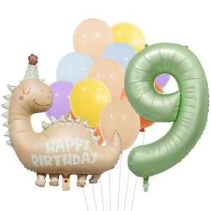 Detail of olive green number 9 and beige dinosaur balloon set for 9th birthday party decor