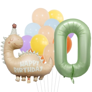Detail of 40-inch green number 0 balloon with a cute beige dinosaur and colorful latex balloons