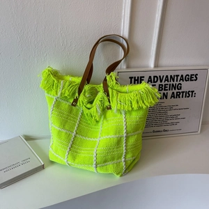 Korean Style Knitted Grid Tote Bag Large Capacity Fringe Shoulder Bag Women Casual Crochet Commuter Handbag Bohemian Work Bag