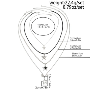 Size chart showing 4-piece star pendant necklace set dimensions with 46-61cm lengths