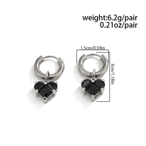 Detail showing 1.5cm width heart drop earrings with weight 6.2g on white background