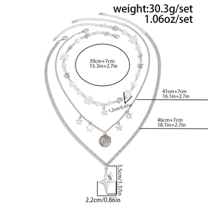 Detailed view of triple-layered star necklaces with measurements and weights in silver finish