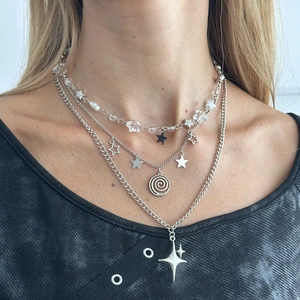 Three-layer silver star pendant necklace set with crystal beads and thick link chain