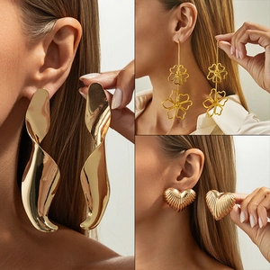 Alloy Dangle Earrings Irregular Wavy Hollow Flower Ribbed Heart Geometric Metallic Jewelry For Women Steel Earring Post