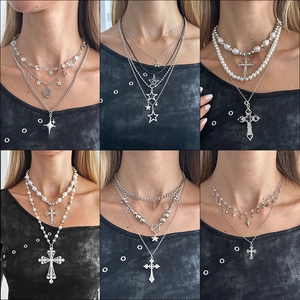 Layered Necklace Cross Star Pendant Imitation Artificial Pearl Alloy Rhinestone Cyberpunk Gothic Jewelry For Women