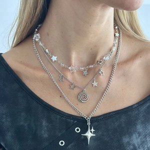 Layered silver cyberpunk star necklace with cross pendant and bohemian pearl beads