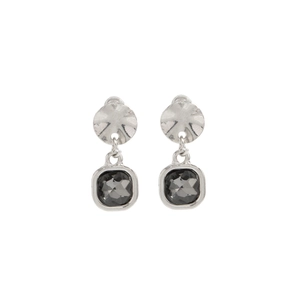 Silver hammered metal earrings featuring a square dark grey crystal pendant and stud