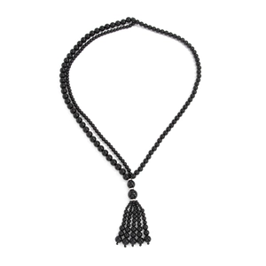 Retro black acrylic beaded long necklace with double-layer design and tassel pendant