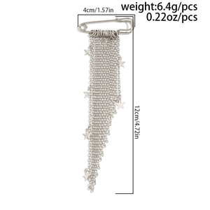 Detailed view of silver tassel brooch pin with dimensions 4cm width and 12cm length