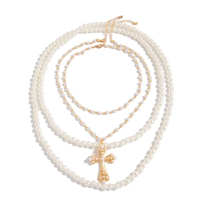 Ensemble de colliers de perles multicouches avec pendentif croix doré élégant pour femme
