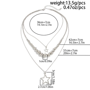 Detailed view of layered silver star pendant necklace with size and weight measurements