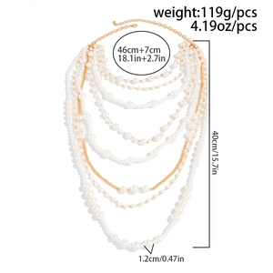 Detailed size chart showing multilayer pearl necklace weight 119g and 46cm length dimensions