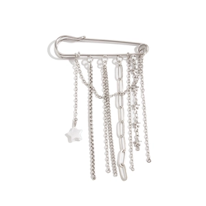 Silver metal safety pin brooch with layered tassel chains and star charms on white background