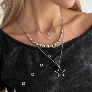 Three-layer silver star pendant necklace set with layered cross and bead chain