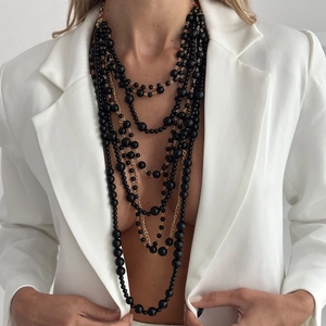 Elegant multi-layer long black faux pearl necklace with gold chain for women