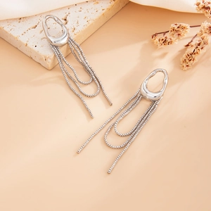 Detail of silver tassel earrings with box chain fringe on an aesthetic background