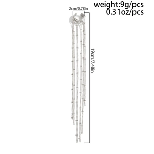 Silver tassel ear cuff detailed view showing length of 19cm and width of 2cm dimensions