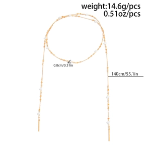 Long gold chain necklace with pearls and orange beads, 140cm length and 14.6g weight details