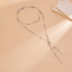 Vintage crystal beaded Y-necklace with silver roses and deep purple beads for women