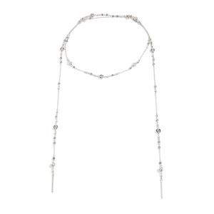 Elegant silver long necklace featuring delicate pearl beads and floral details