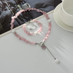 Pink gravel and baroque pearl necklace set with heart pendant and toggle clasp
