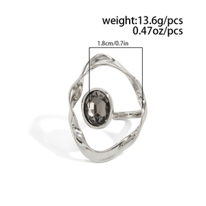 Detail view of silver ring with oval grey stone showing 1.8cm diameter and 13.6g weight