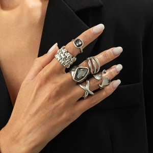 6pcs silver statement ring set with black heart acrylic stone and textured metal designs