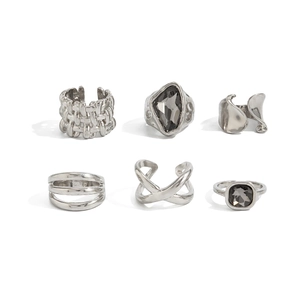6-piece minimalist silver alloy ring set with geometric grey acrylic stones and textured bands
