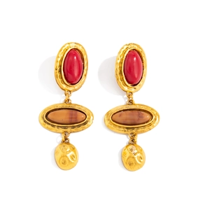 Vintage-Goldohrringe mit roten und braunen Edelsteinen im dreistufigen Dangle-Stil