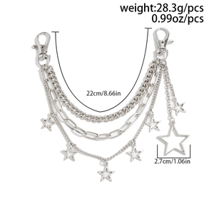 Macro view of multi-layer silver star charm chain with dimensions and lobster clasps
