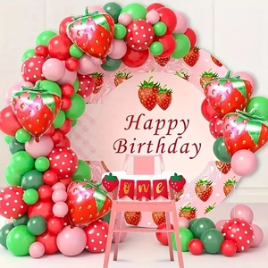 Strawberry Party Decoration Latex Aluminum Foil Balloons Arch Garland With Happy Birthday Backdrop Banner Fruit Theme