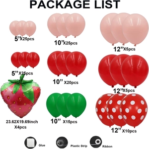 144-piece strawberry balloon arch kit with red, pink, and polka dot latex and foil balloons