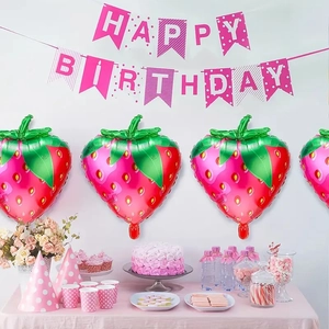 Cute strawberry shaped foil balloons set for sweet birthday party backdrop decoration