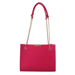 Borsa a spalla rosa acceso con trama a coccodrillo e tracolla a catena metallica dorata