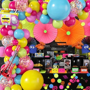 80s retro music party balloon arch kit with boombox and electric guitar foil balloons
